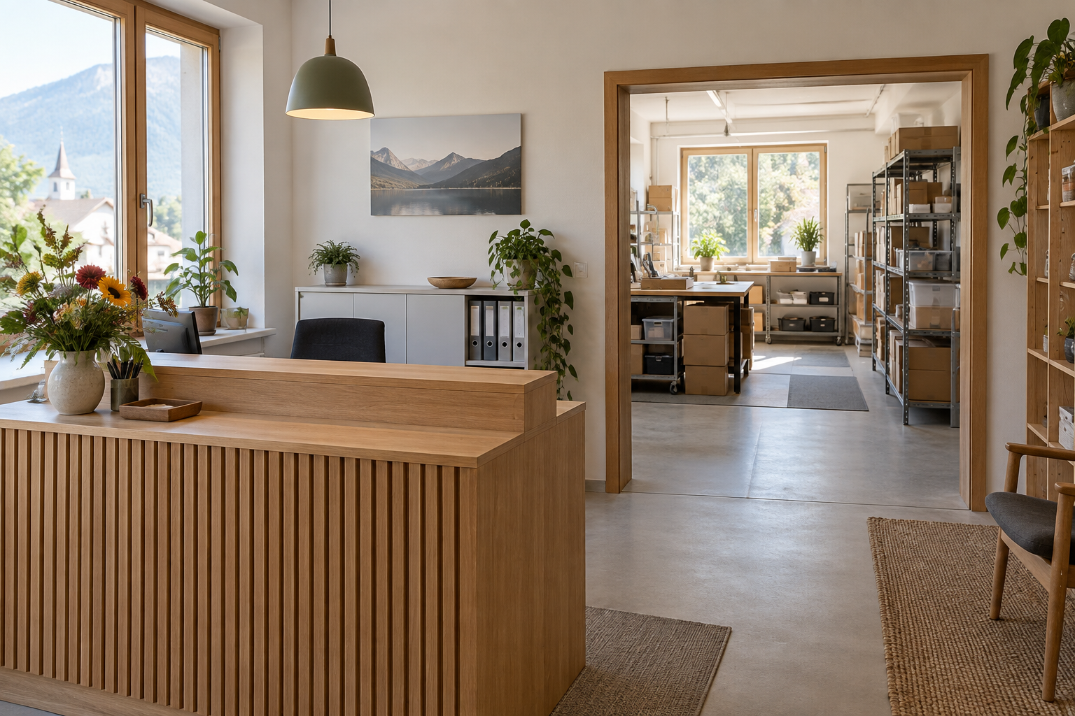 Empfangsbereich mit Blick in einen Arbeits- und Lagerraum